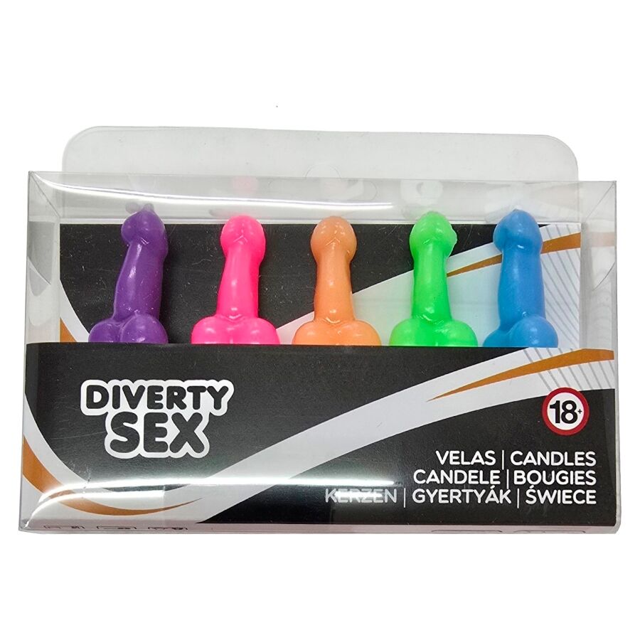 DIABLO PICANTE – BOÎTE DE 5 BOUGIES EN FORME DE PÉNIS DE DIFFÉRENTES COULEURS