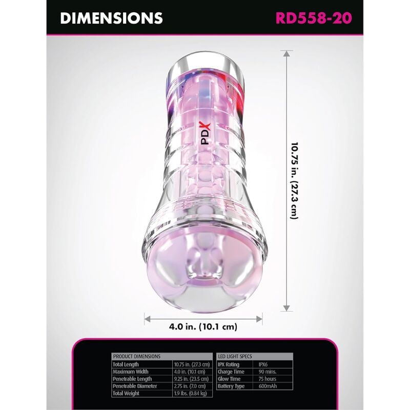 PDX ELITE – VIEWTUBE XXL LED TRANSPARENT STROKER 27,3 CM