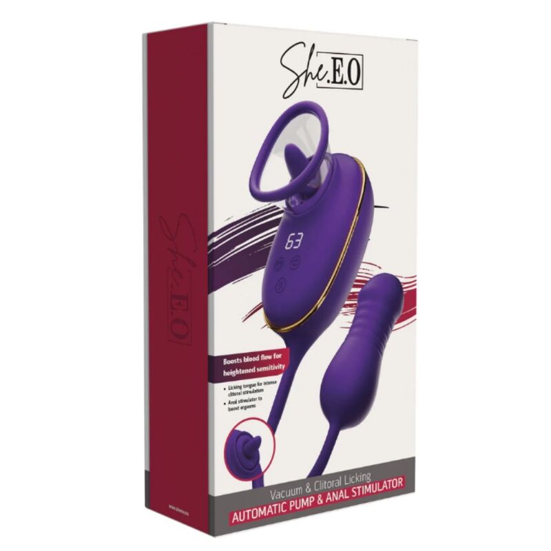 SHE.E.O – CLITORAL SUCTION TOOL WITH LICKING EFFECT AND PURPLE ANAL STIMULATOR