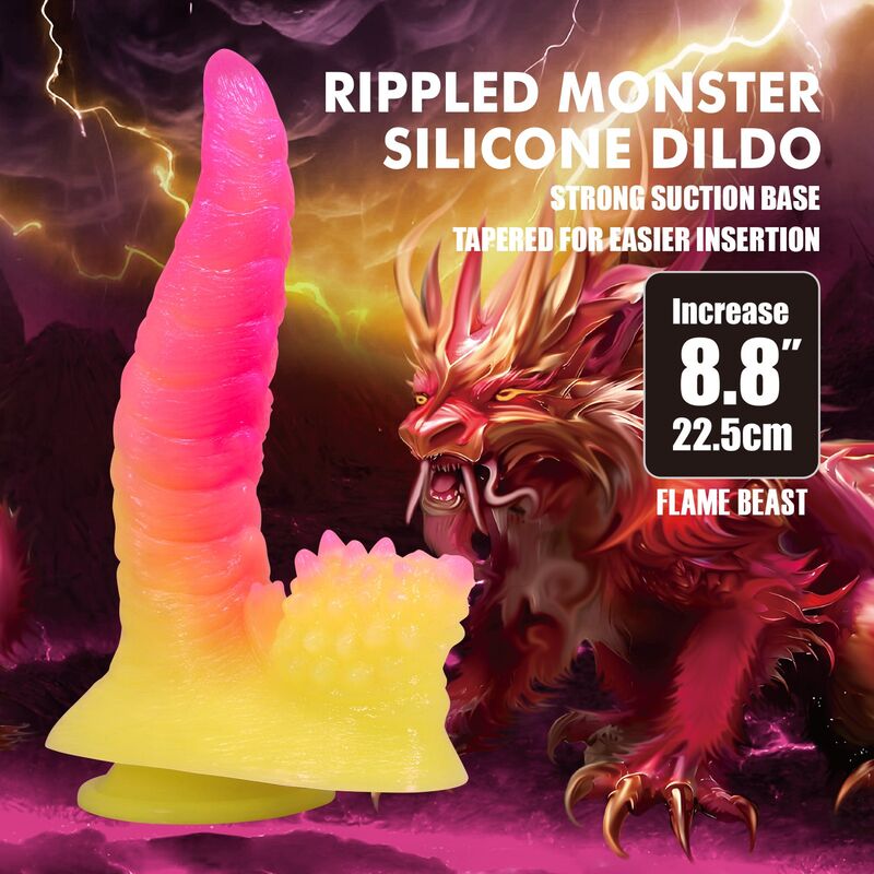 POWER MONSTERS – RIPPLIED MONSTER FANTASY DILDO WITH SUCTION CUP 22.5 CM Ø 5.5 CM PINK & YELLOW
