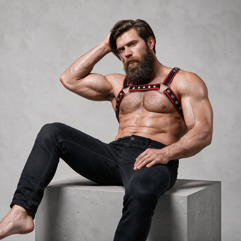 FETISH SUBMISSIVE ATTITUDINE – IMBRACATURA PER BULLDOG IN ECOPELLE DA UOMO NERA/ROSSA