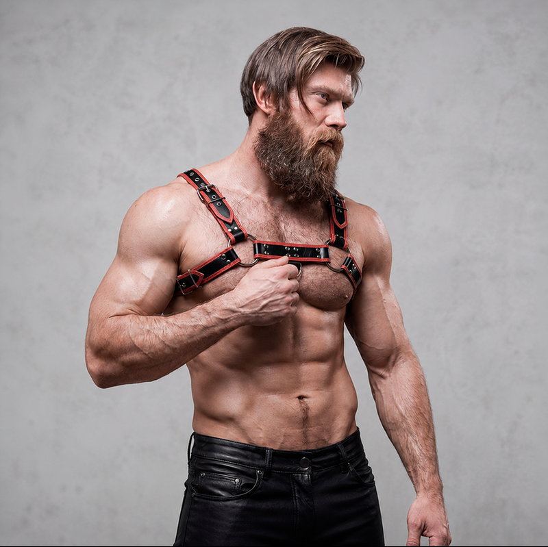 FETISH SUBMISSIVE ATTITUDINE – IMBRACATURA PER IL PETTO IN ECOPELLE DA UOMO NERA/ROSSA