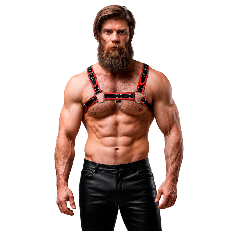 FETISH SUBMISSIVE ATTITUDE – HARNAIS DE POITRINE EN ÉCO-CUIR POUR HOMME NOIR/ROUGE