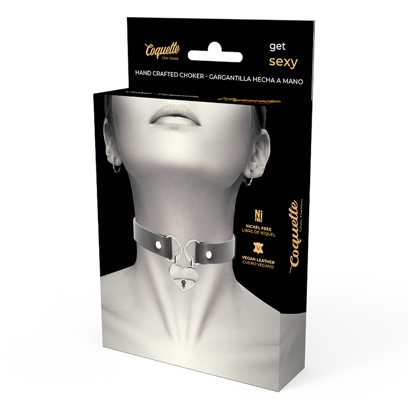 COQUETTE CHIC DESIRE – Fetisch-Halsband aus veganem Leder mit Herz- und Schlüssel-Anhänger, 40 cm